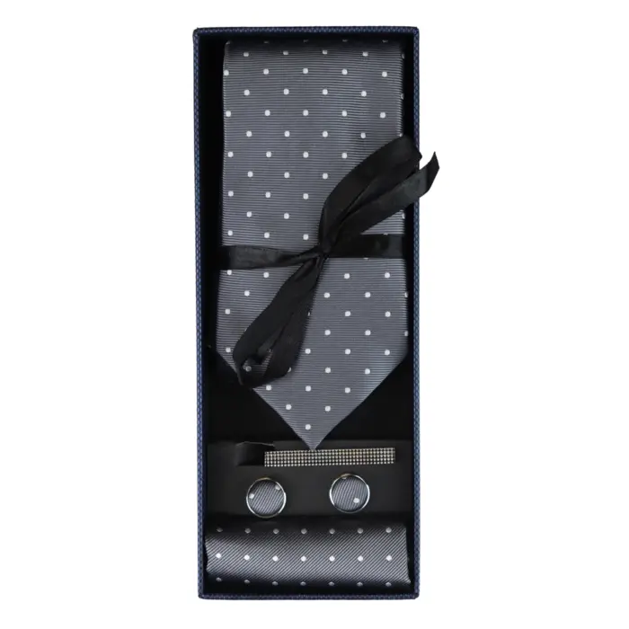 Dotted Neck Tie Gift Set Pocket Square Cuff Links Tie Pin Polka Dot Satin - Image 8
