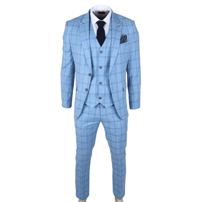 Men's Suit 3 Piece Light Blue Checked Classic Plaid Tailored Fit Formal Dress - Image 3
