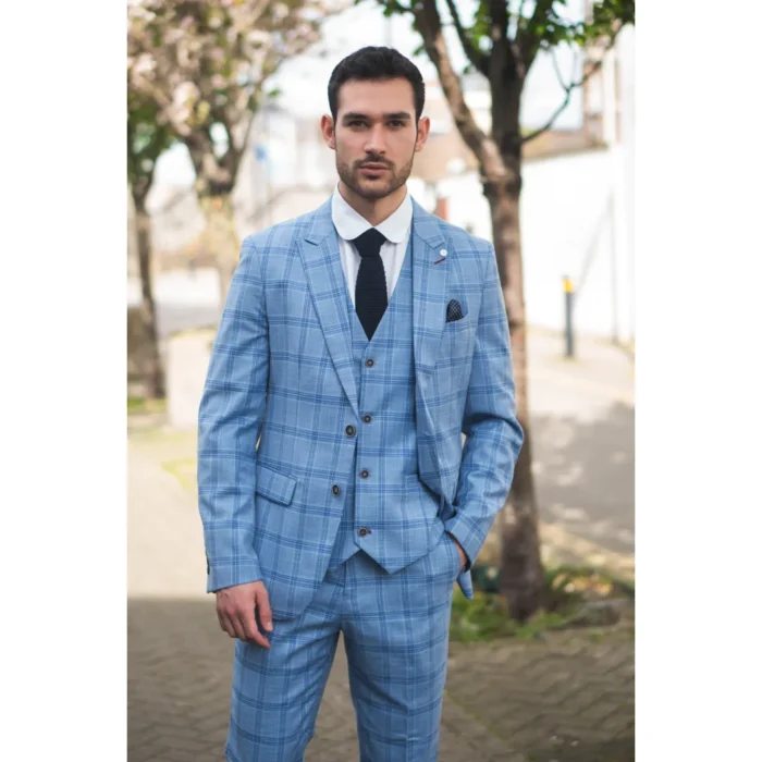 Men's Suit 3 Piece Light Blue Checked Classic Plaid Tailored Fit Formal Dress - Image 2
