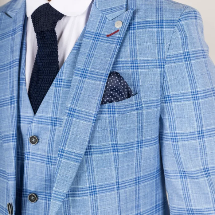Men's Suit 3 Piece Light Blue Checked Classic Plaid Tailored Fit Formal Dress - Image 4