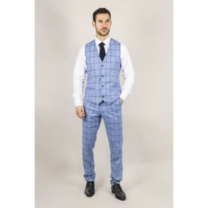 Men's Suit 3 Piece Light Blue Checked Classic Plaid Tailored Fit Formal Dress - Image 5