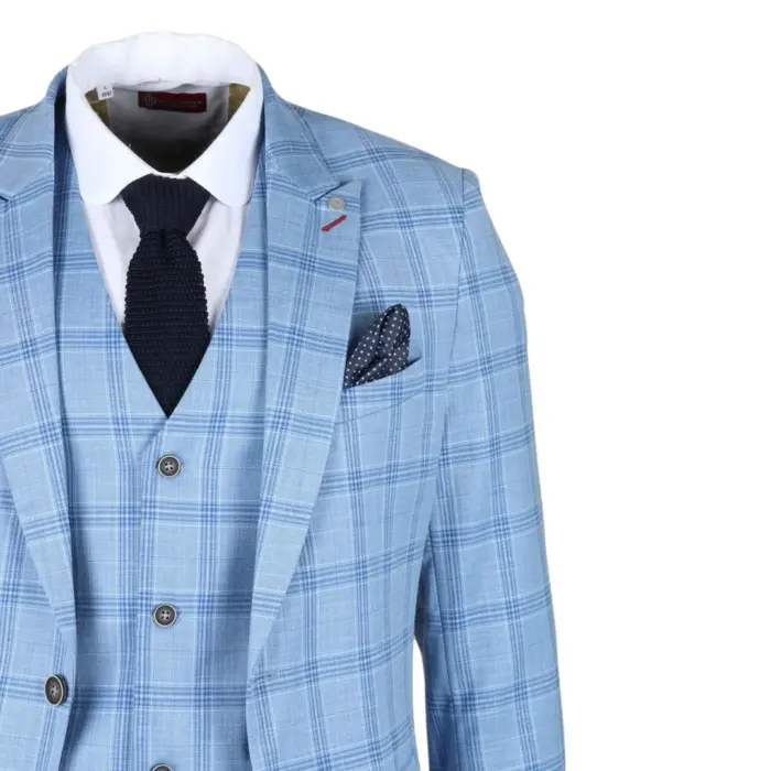 Men's Blazer Light Blue Checked Classic Sport Coat Plaid Tailored Fit - Image 5