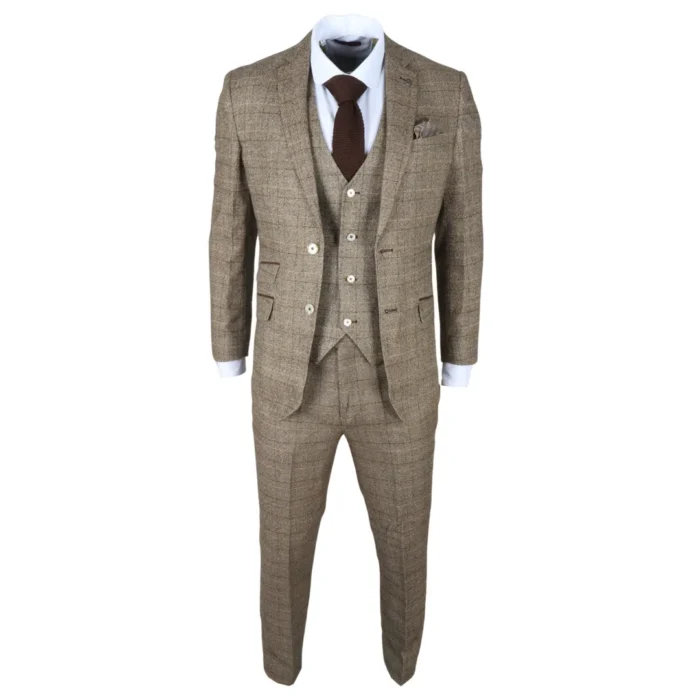 Men's Suit 3 Piece Brown Checked Slim Fit Formal Dress - Image 2