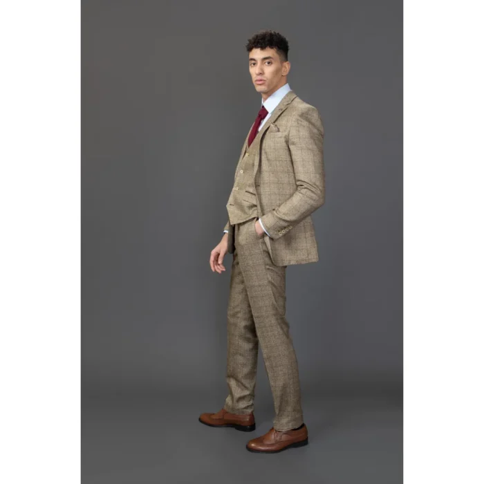 Men's Suit 3 Piece Brown Checked Slim Fit Formal Dress - Image 4