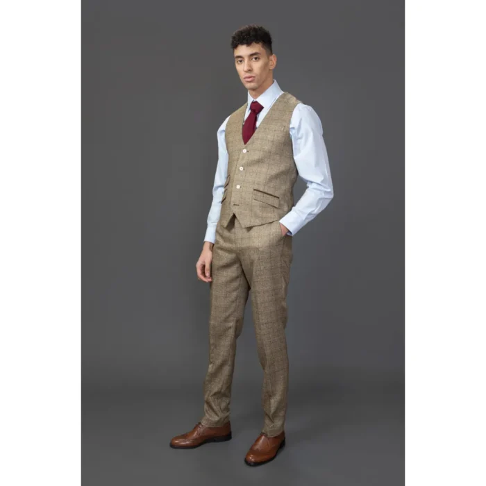 Men's Suit 3 Piece Brown Checked Slim Fit Formal Dress - Image 5