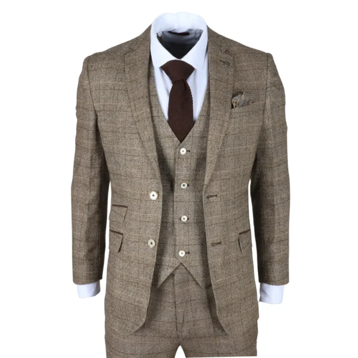 Men's Suit 3 Piece Brown Checked Slim Fit Formal Dress - Image 1