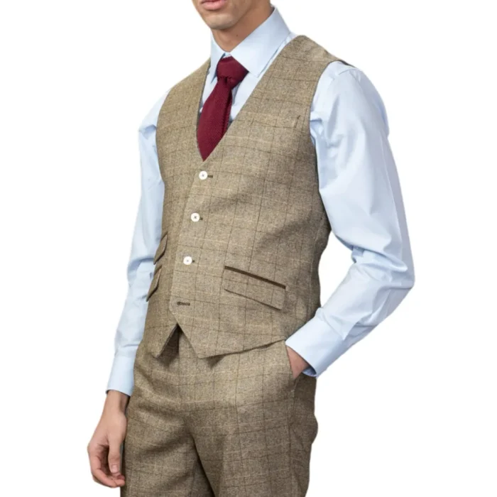 Men's Waistcoat Brown Check Slim Fit Vest - Image 1