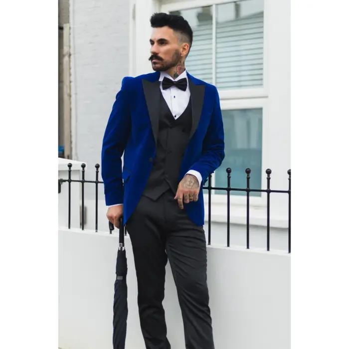 Mens Royal Blue Velvet Tuxedo Blazer Satin Peak Lapels Dinner Jacket Wedding Prom Black Tie - Image 3