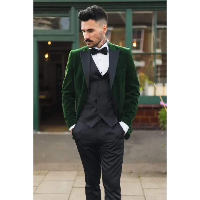 Mens Green Velvet Tuxedo Blazer Satin Peak Lapels Dinner Jacket Wedding Prom Black Tie - Image 2