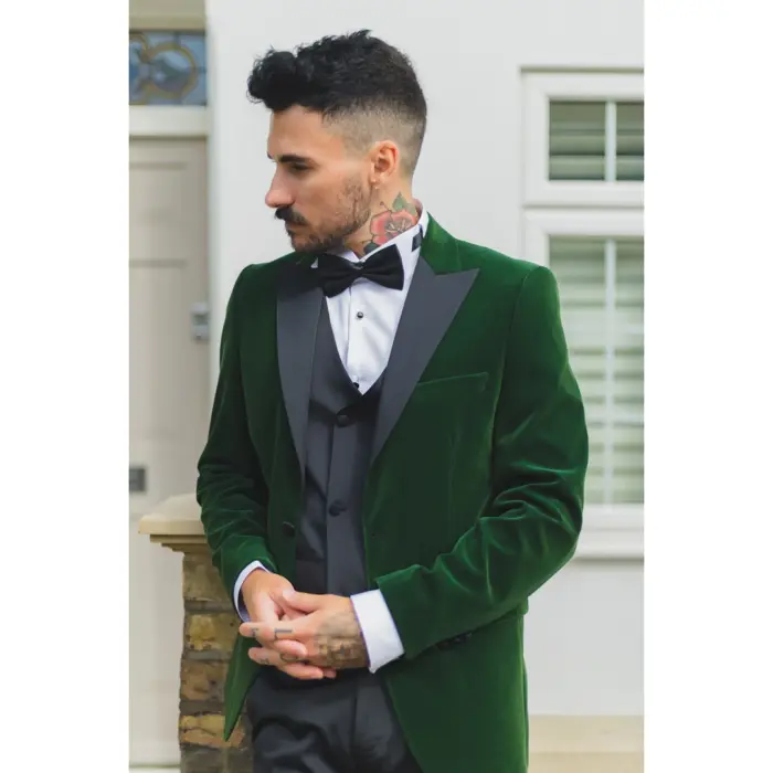 Mens Green Velvet Tuxedo Blazer Satin Peak Lapels Dinner Jacket Wedding Prom Black Tie - Image 3