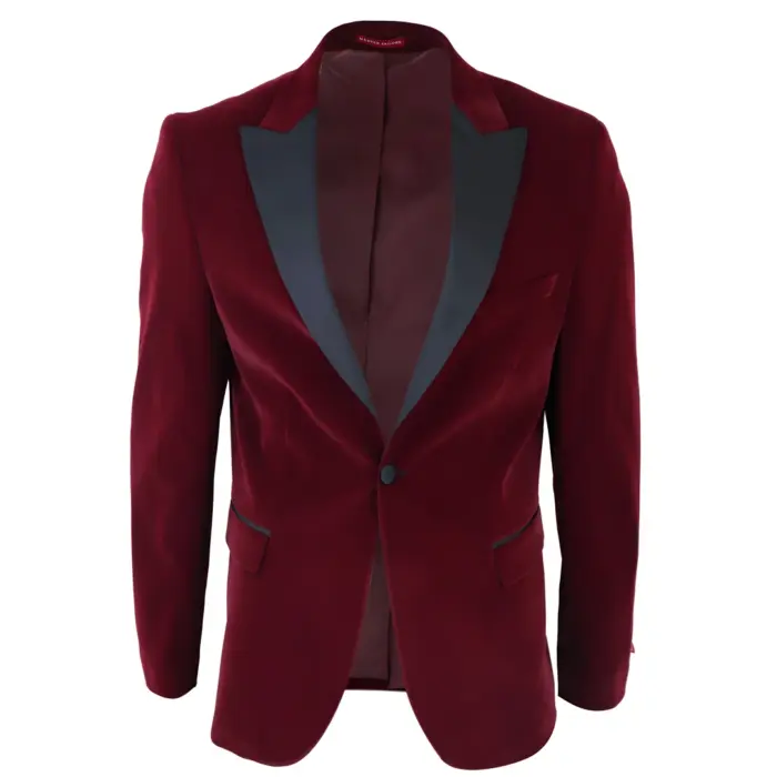 Mens Wine Velvet Tuxedo Blazer Satin Peak Lapels Dinner Jacket Wedding Prom Black Tie - Image 1