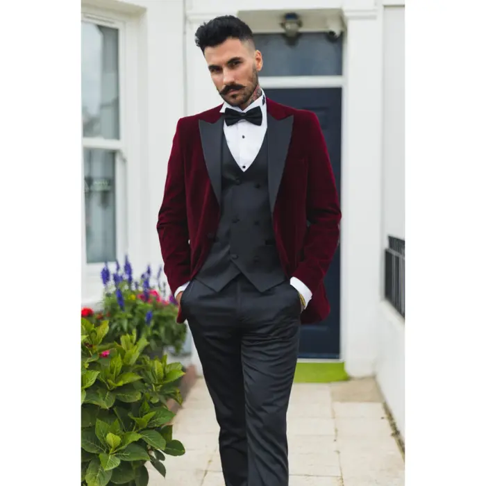 Mens Wine Velvet Tuxedo Blazer Satin Peak Lapels Dinner Jacket Wedding Prom Black Tie - Image 6