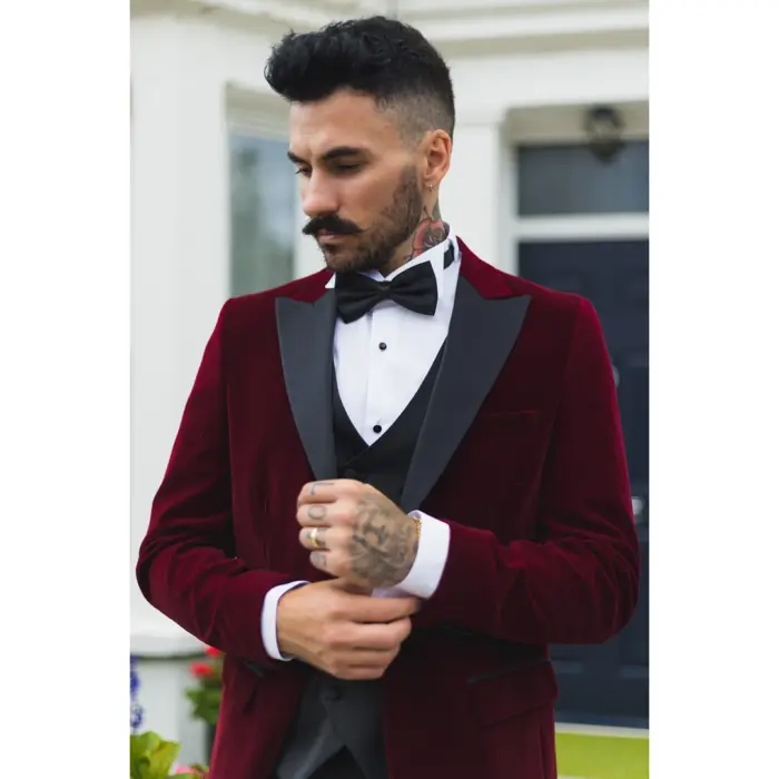 Mens Wine Velvet Tuxedo Blazer Satin Peak Lapels Dinner Jacket Wedding Prom Black Tie - Image 2