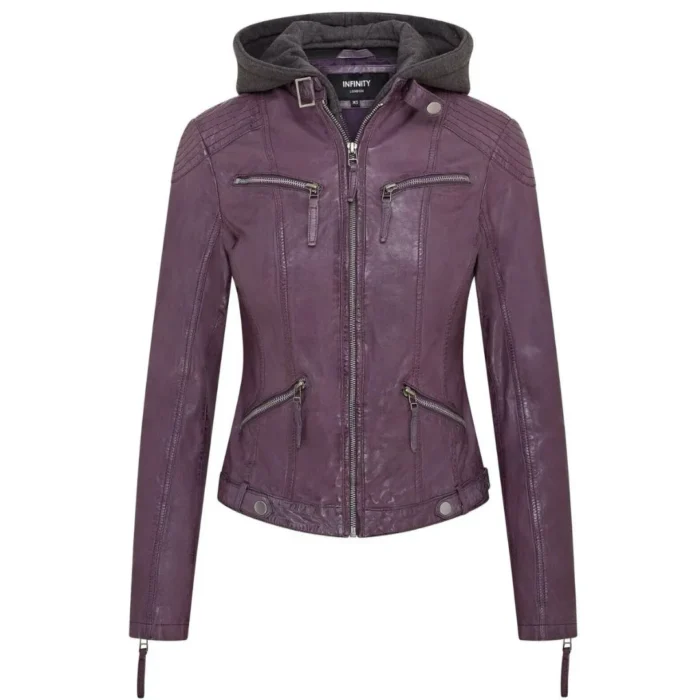 Women's Leather Jacket Hooded Biker Motorcycle Coat - Image 9