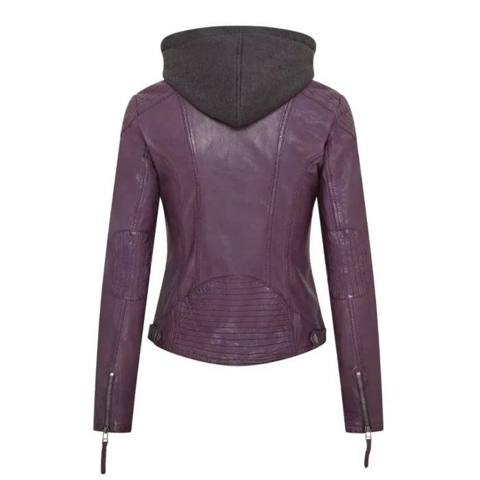 Women's Leather Jacket Hooded Biker Motorcycle Coat - Image 12