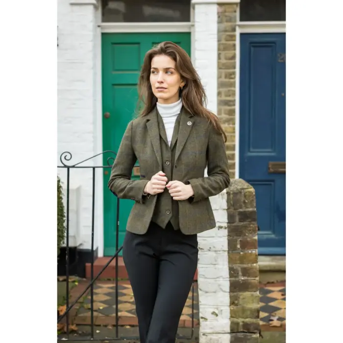 Women's Olive Green Wool Blend Tweed Herringbone Checkered Blazer Waistcoat - Image 2