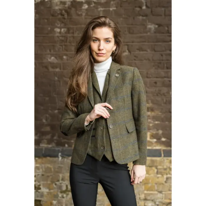 Women's Olive Green Wool Blend Tweed Herringbone Checkered Blazer Waistcoat - Image 3