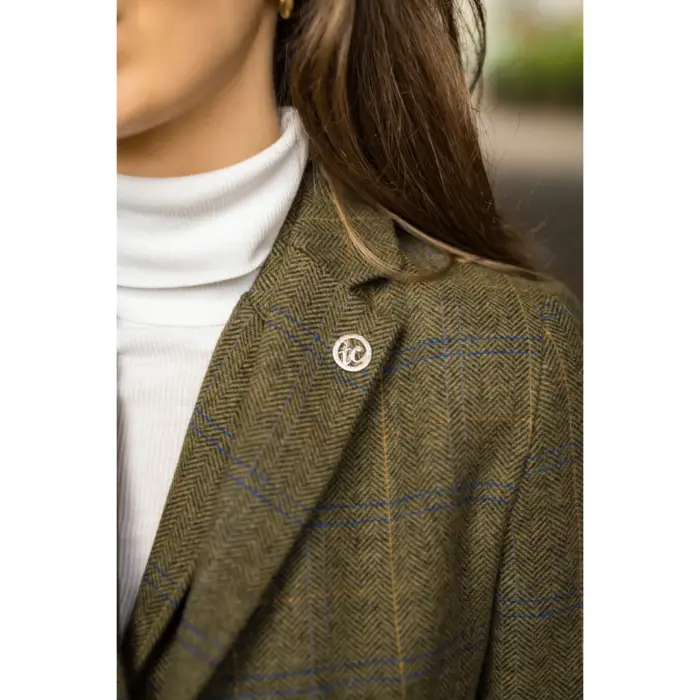 Women's Olive Green Wool Blend Tweed Herringbone Checkered Blazer Waistcoat - Image 4