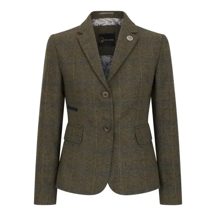 Women's Olive Green Wool Blend Tweed Herringbone Checkered Blazer Waistcoat - Image 1