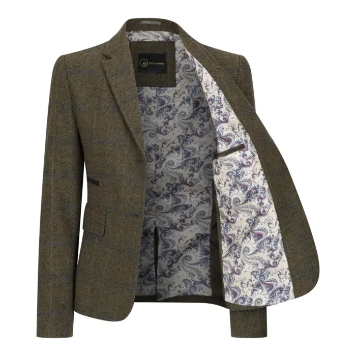 Women's Olive Green Wool Blend Tweed Herringbone Checkered Blazer Waistcoat - Image 7
