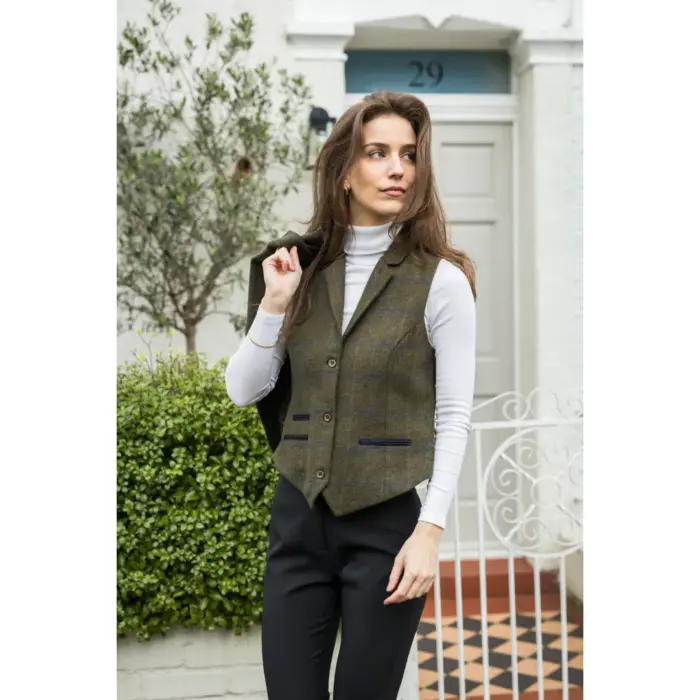 Women's Olive Green Wool Blend Tweed Herringbone Checkered Blazer Waistcoat - Image 9