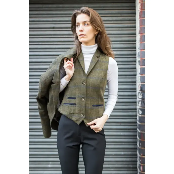Women's Olive Green Wool Blend Tweed Herringbone Checkered Blazer Waistcoat - Image 10