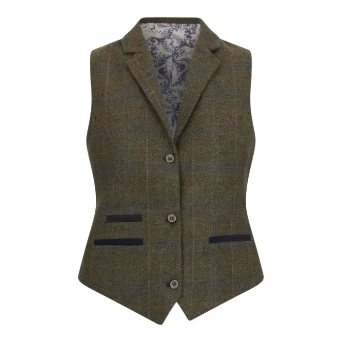Women's Olive Green Wool Blend Tweed Herringbone Checkered Blazer Waistcoat - Image 8