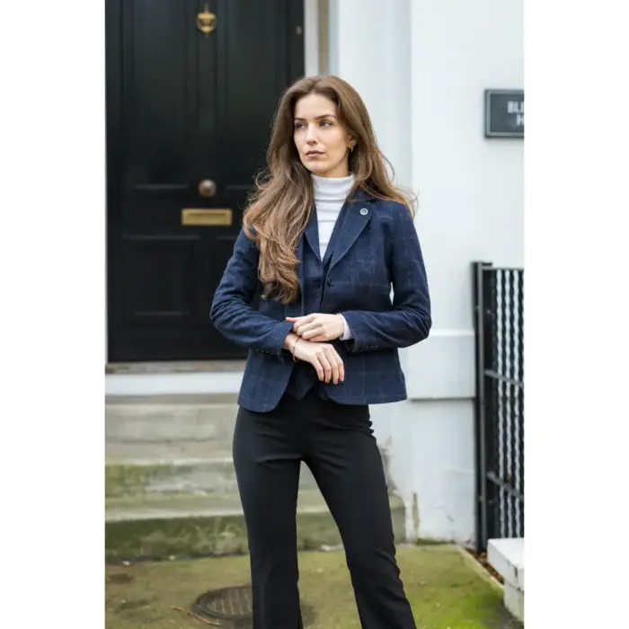 Women's Navy Blue Wool Blend Tweed Checkered Blazer Waistcoat - Image 2