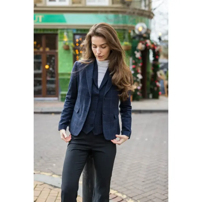 Women's Navy Blue Wool Blend Tweed Checkered Blazer Waistcoat - Image 3