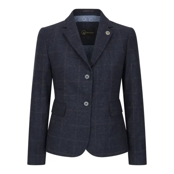 Women's Navy Blue Wool Blend Tweed Checkered Blazer Waistcoat - Image 1