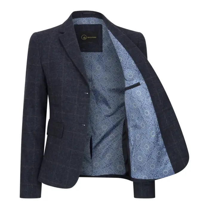 Women's Navy Blue Wool Blend Tweed Checkered Blazer Waistcoat - Image 4
