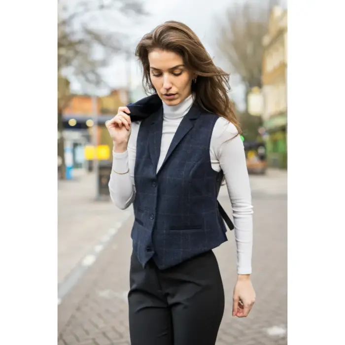 Women's Navy Blue Wool Blend Tweed Checkered Blazer Waistcoat - Image 8