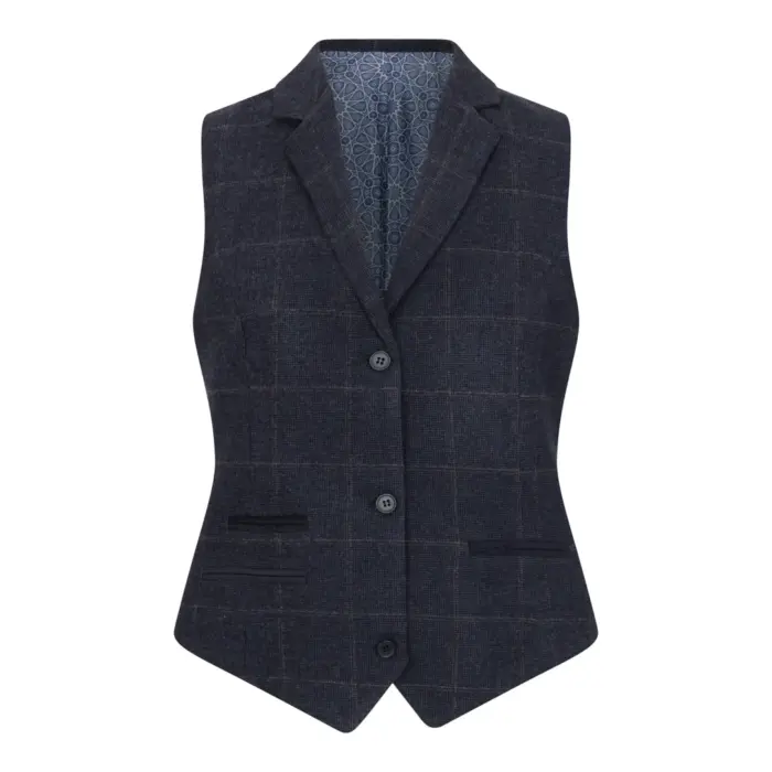 Women's Navy Blue Wool Blend Tweed Checkered Blazer Waistcoat - Image 7