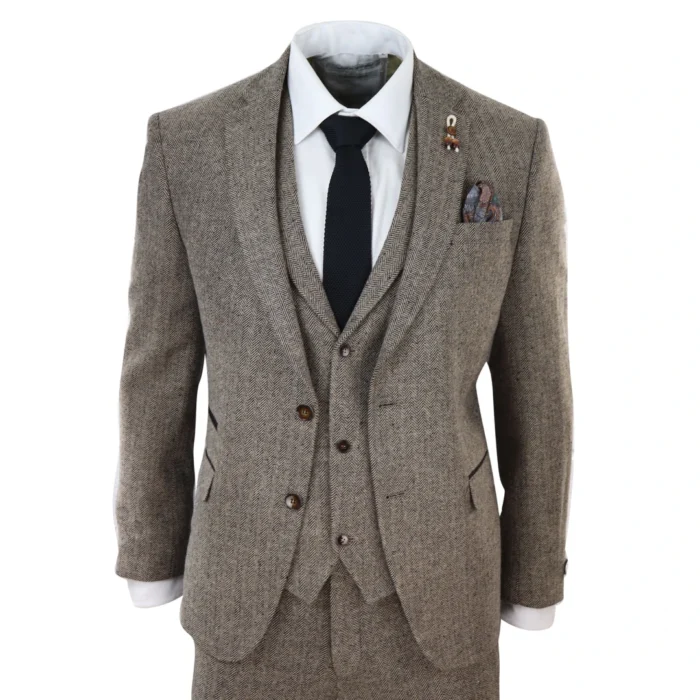 Mens Oak 3 Piece Tweed Suit Herringbone Wool Vintage Retro Fit - Image 1