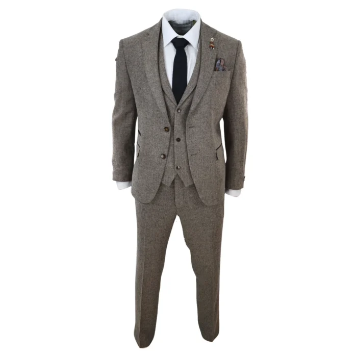 Mens Oak 3 Piece Tweed Suit Herringbone Wool Vintage Retro Fit - Image 2