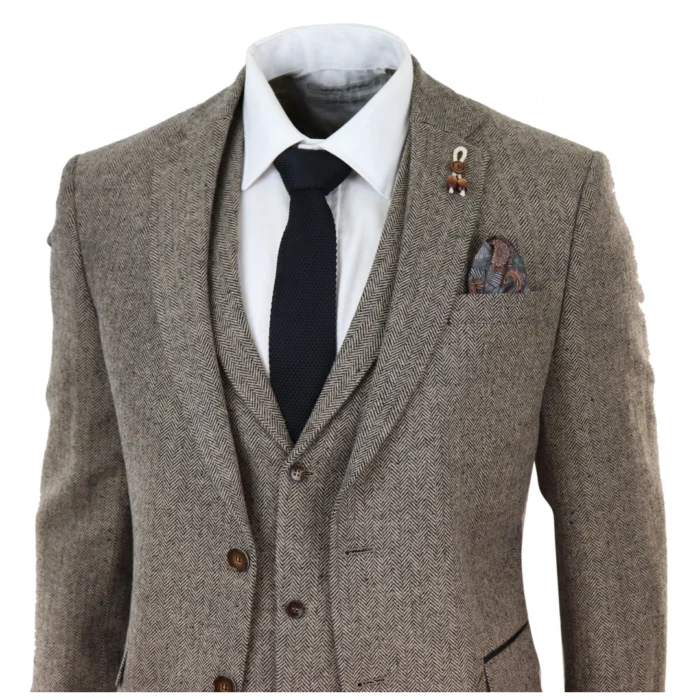 Mens Oak 3 Piece Tweed Suit Herringbone Wool Vintage Retro Fit - Image 3