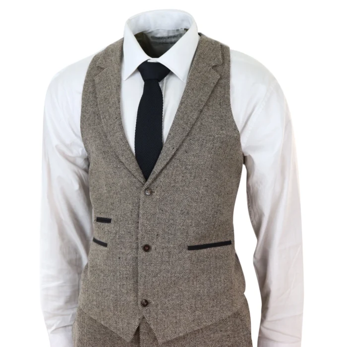 Mens Oak 3 Piece Tweed Suit Herringbone Wool Vintage Retro Fit - Image 4