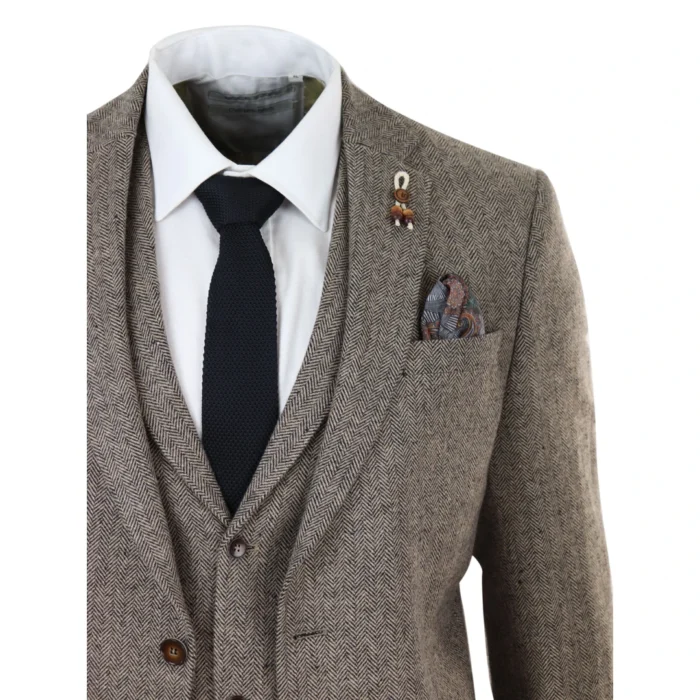 Mens Oak 3 Piece Tweed Suit Herringbone Wool Vintage Retro Fit - Image 5