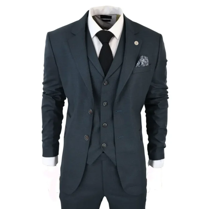 Men's 3 Piece Suit Classic Prince of Wales Check Olive Green Wedding Office Retro - Image 1