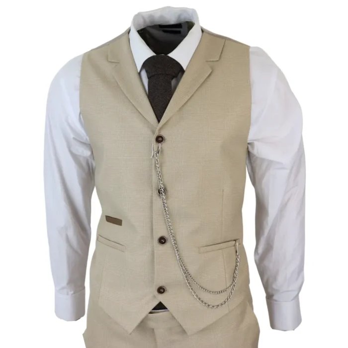 Mens 3 Piece Suit Prince Of Wales Check Cream Beige Tailored Fit Vintage Wedding - Image 6