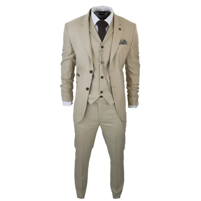 Mens 3 Piece Suit Prince Of Wales Check Cream Beige Tailored Fit Vintage Wedding - Image 3