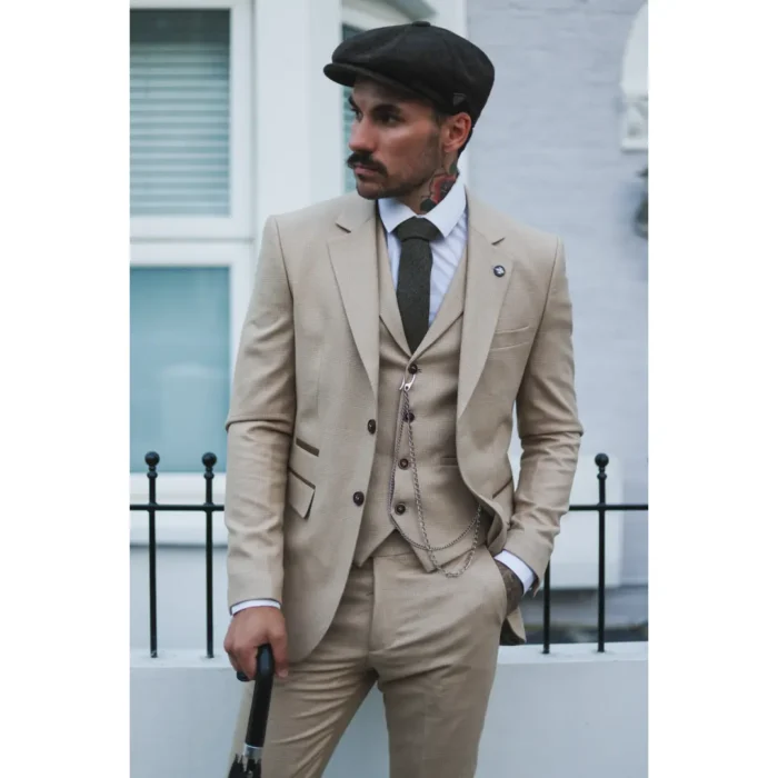 Mens 3 Piece Suit Prince Of Wales Check Cream Beige Tailored Fit Vintage Wedding - Image 2