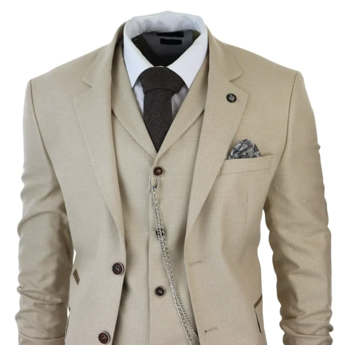 Mens 3 Piece Suit Prince Of Wales Check Cream Beige Tailored Fit Vintage Wedding - Image 4