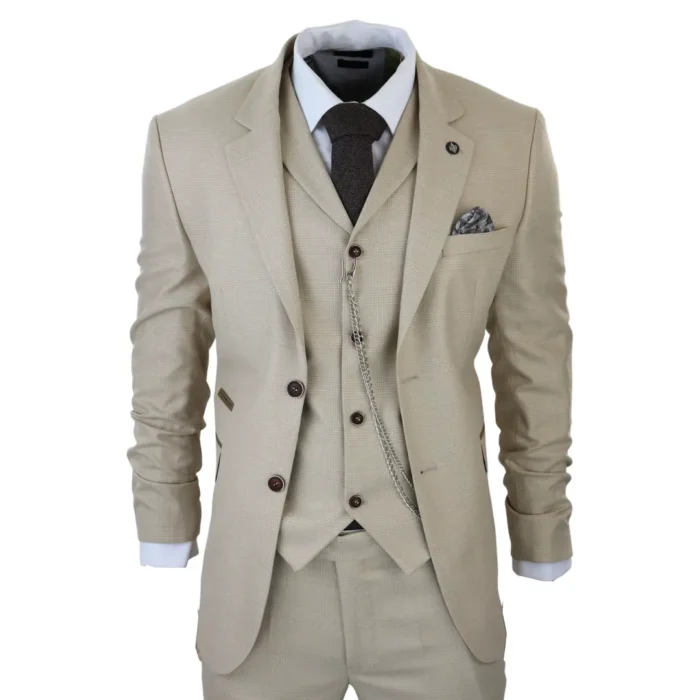 Mens 3 Piece Suit Prince Of Wales Check Cream Beige Tailored Fit Vintage Wedding - Image 1