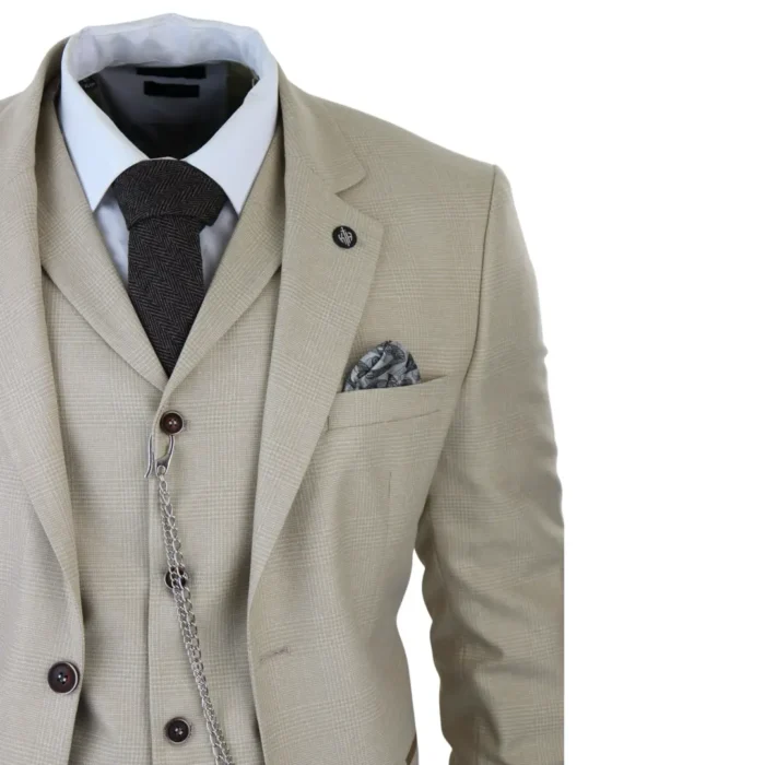 Mens 3 Piece Suit Prince Of Wales Check Cream Beige Tailored Fit Vintage Wedding - Image 5