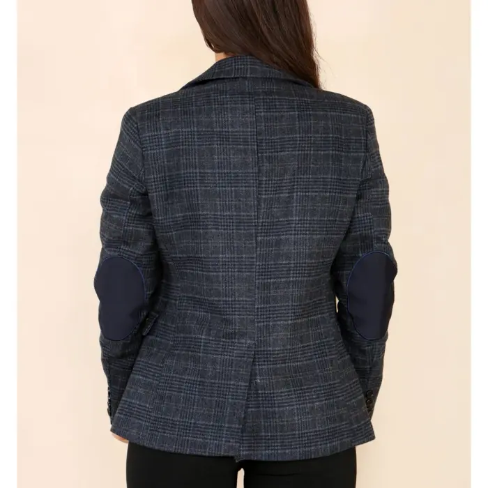 Womens Tweed Check Waistcoat Blazer Suit Navy Blue Classic Vintage Elboy Patch 1920s - Image 7