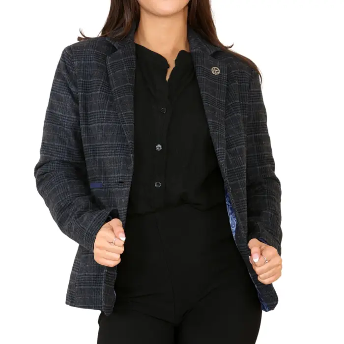 Womens Tweed Check Waistcoat Blazer Suit Navy Blue Classic Vintage Elboy Patch 1920s - Image 1