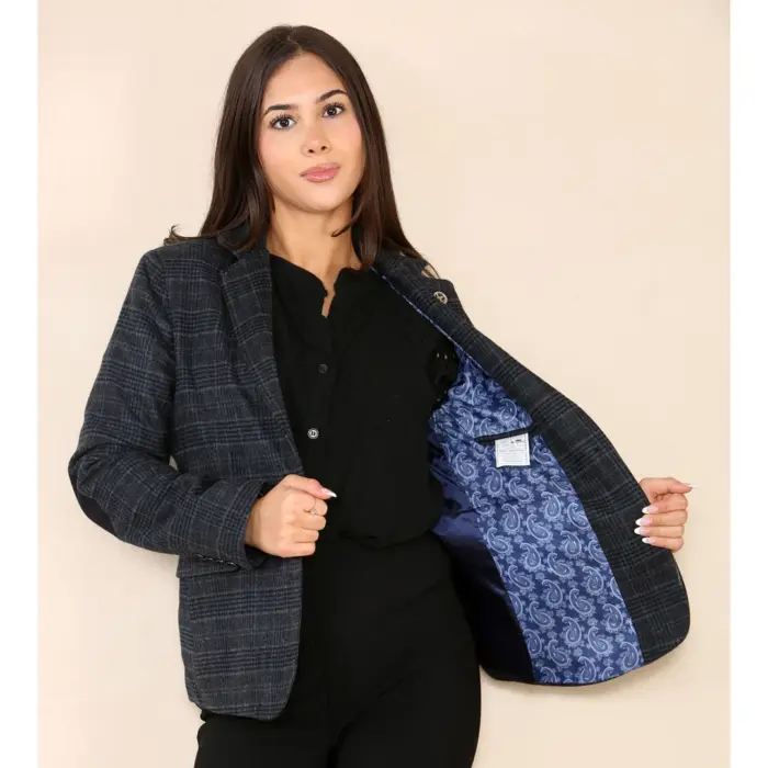 Womens Tweed Check Waistcoat Blazer Suit Navy Blue Classic Vintage Elboy Patch 1920s - Image 3