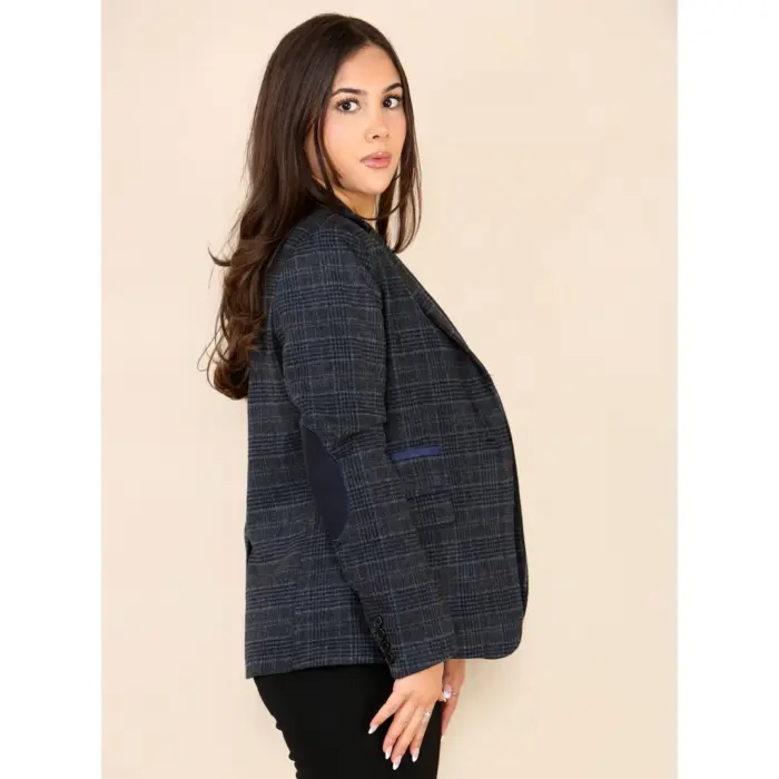 Womens Tweed Check Waistcoat Blazer Suit Navy Blue Classic Vintage Elboy Patch 1920s - Image 5