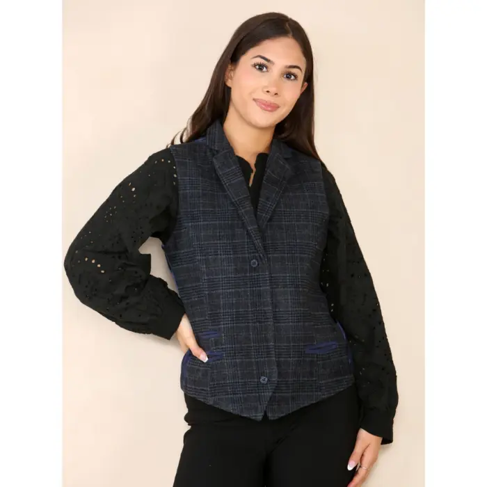 Womens Tweed Check Waistcoat Blazer Suit Navy Blue Classic Vintage Elboy Patch 1920s - Image 9